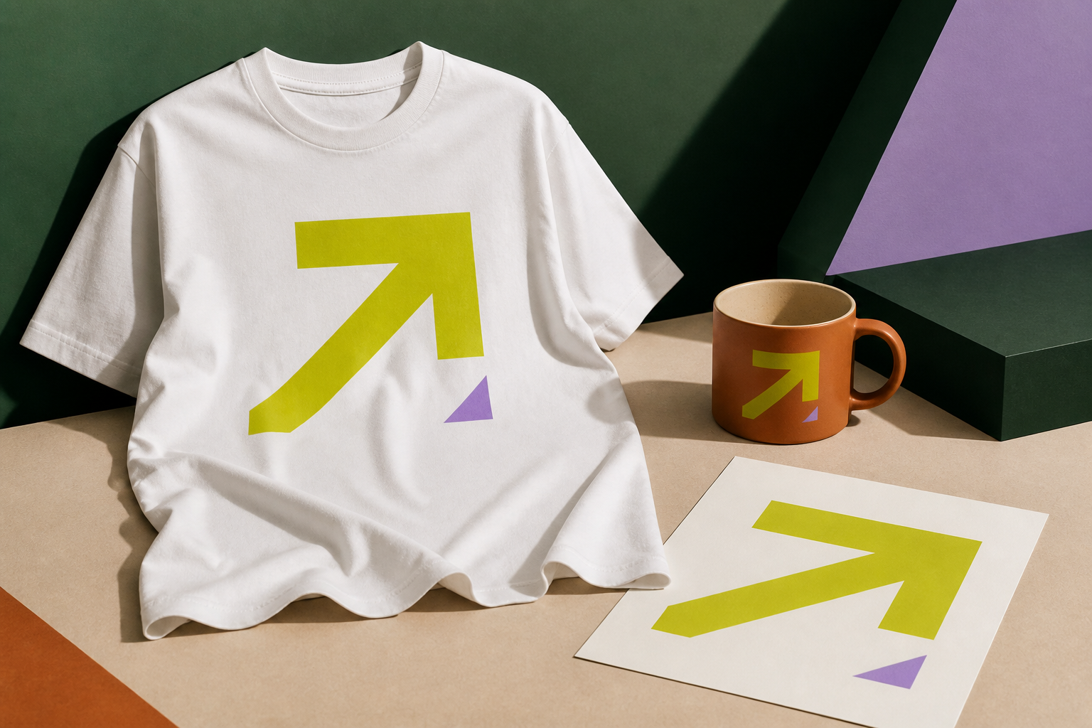 Concept mockup showing a white shirt, ceramic mug, and art print with a coordinated lime signal mark.