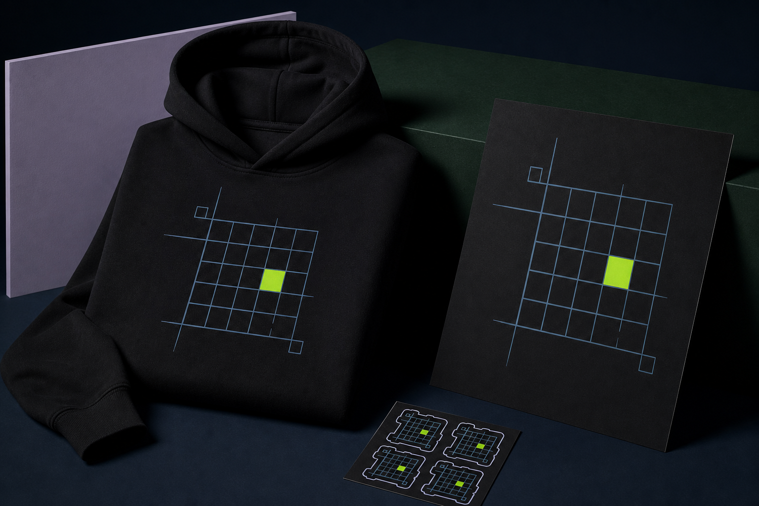 Concept mockup showing a black hoodie, grid stickers, and a dark art poster with one lime square accent.