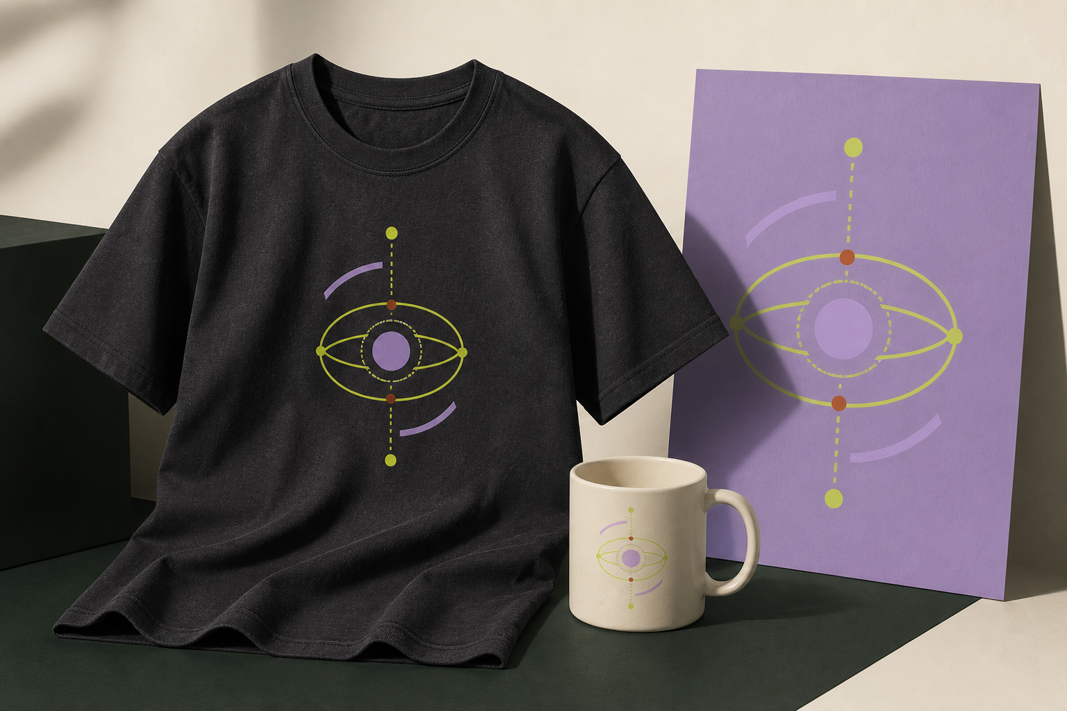 Concept mockup showing a charcoal shirt, ceramic mug, and lavender poster with a coordinated orbital signal mark.